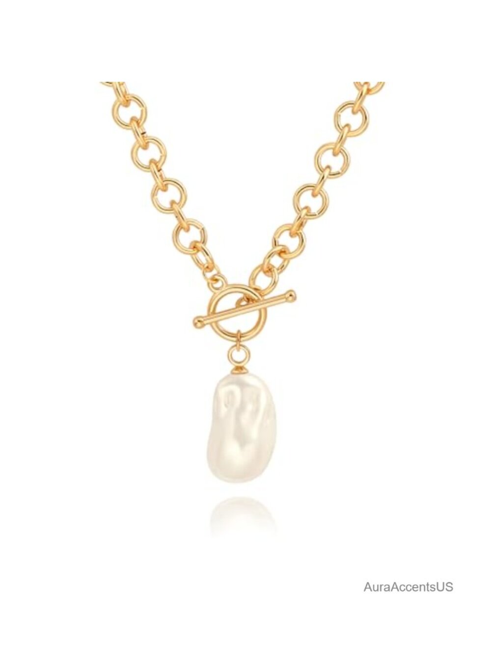 18k Gold Plated Chain Link Necklace Baroque Pearl Toggle Pendant Women